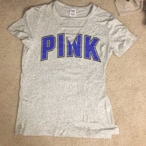 VS pink grey shirt sleeve criss cross tee